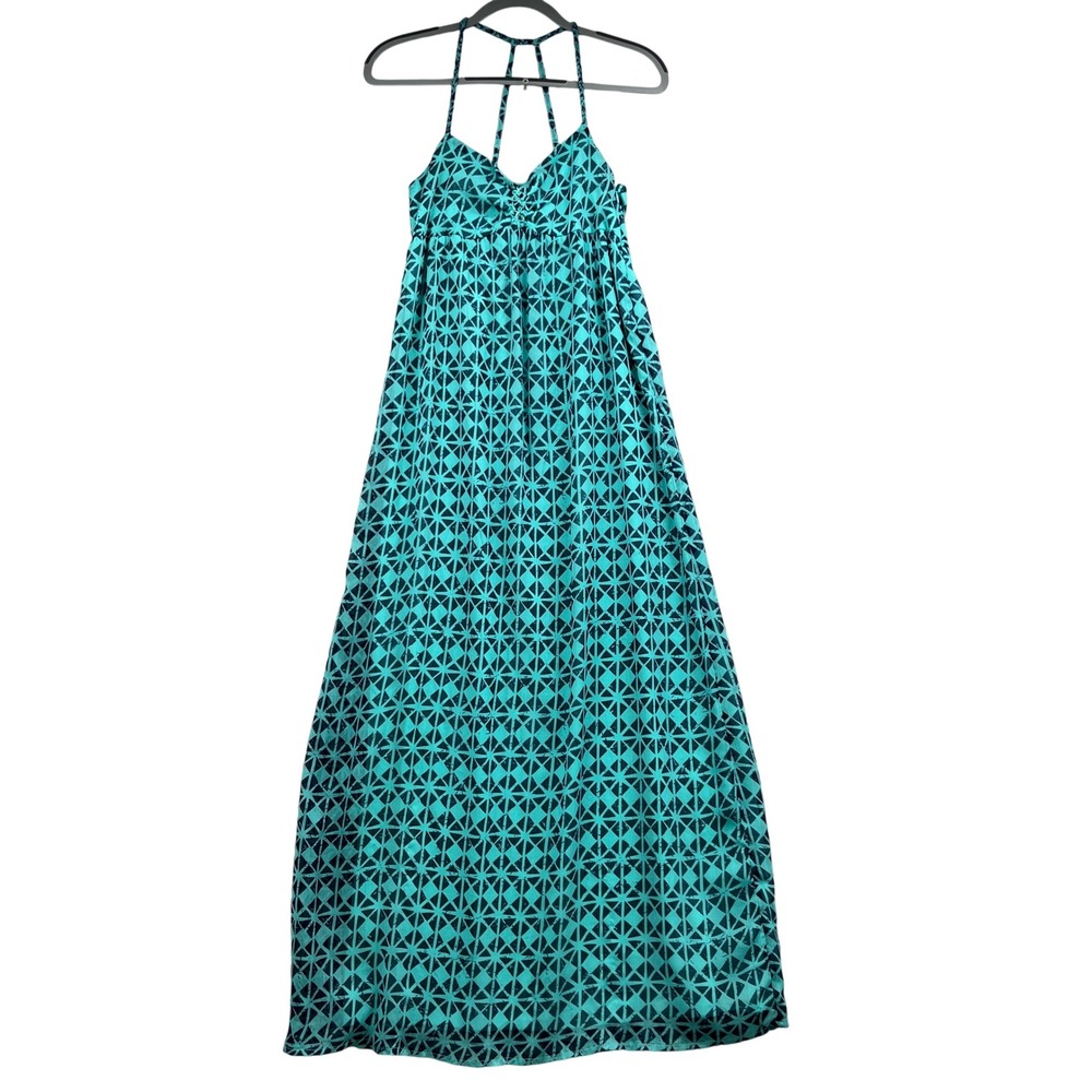 Roxy Dress Women Small Teal Blue Geometric Halter Sleeveless Boho Beach Sundress
